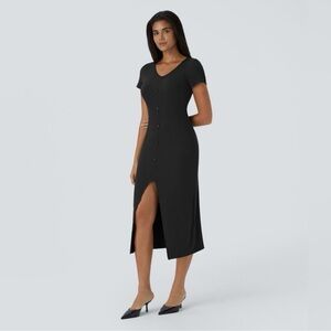 Halara Ribbed V Neck Midi Chill Dress Button Split Black XL
